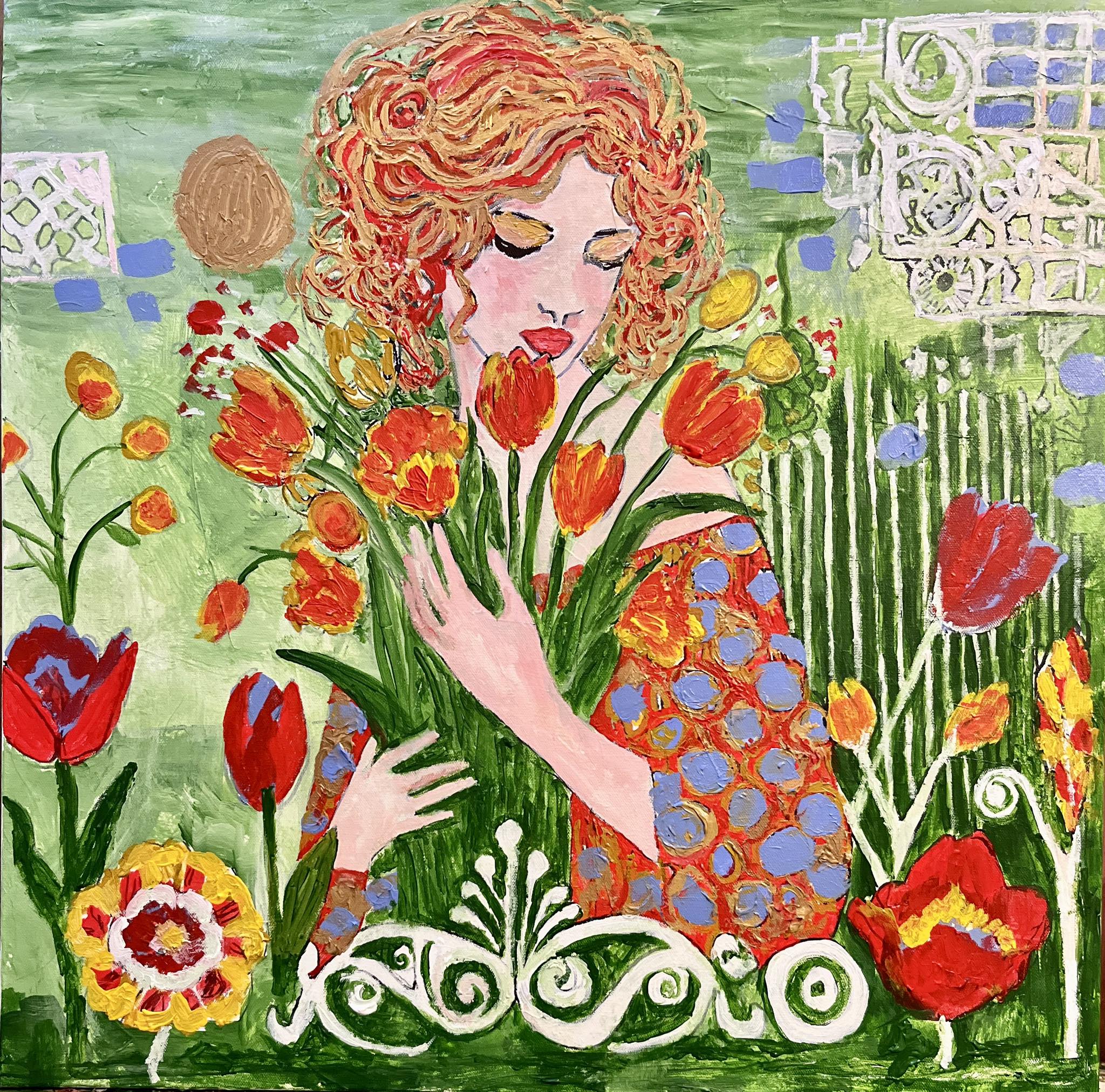 The Queen of Spring: Lady Fioralis 24x24 x 1.5-inch Acrylic textured and varnished painting.