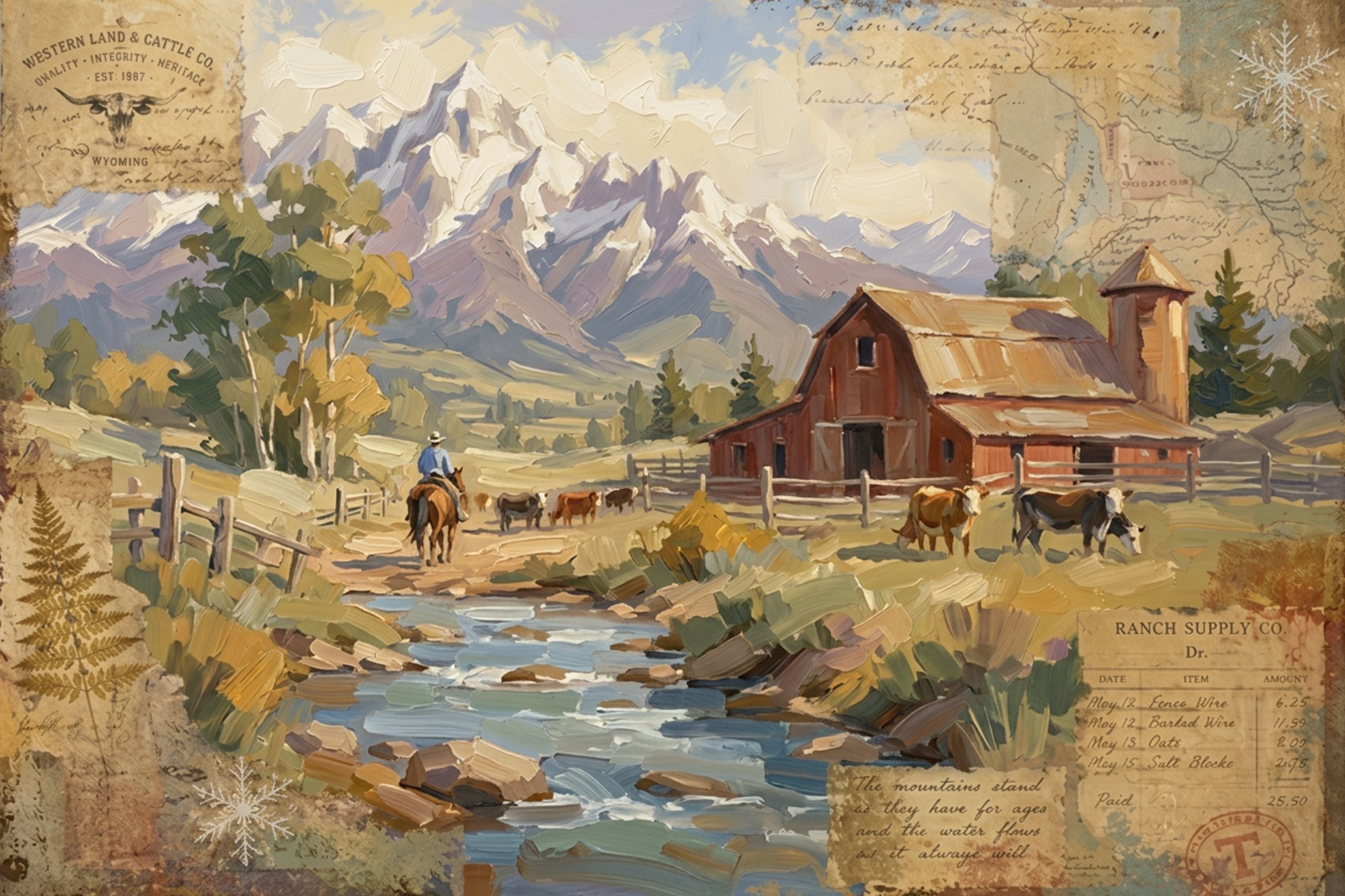Rancher's Retreat| Rustic Ranch & Mountain Landscape Print | Western Farmhouse Giclée Print on Paper, Canvas, Wood & Metal