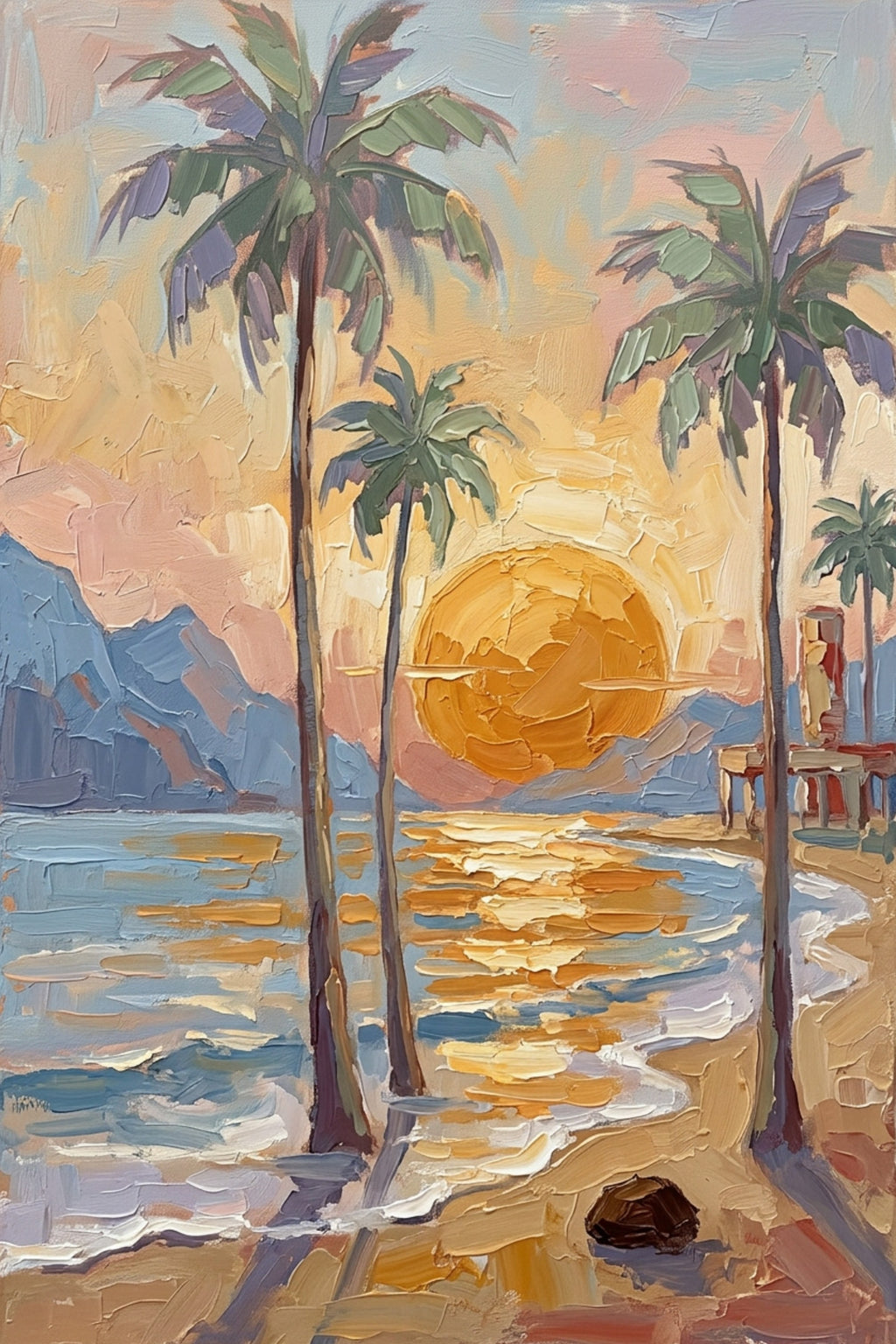 Tropical Sunset View | Impressionist Island Beach Wall Art | Coastal Palm Tree Painting | Giclée Print on Paper, Canvas, Wood & Metal
