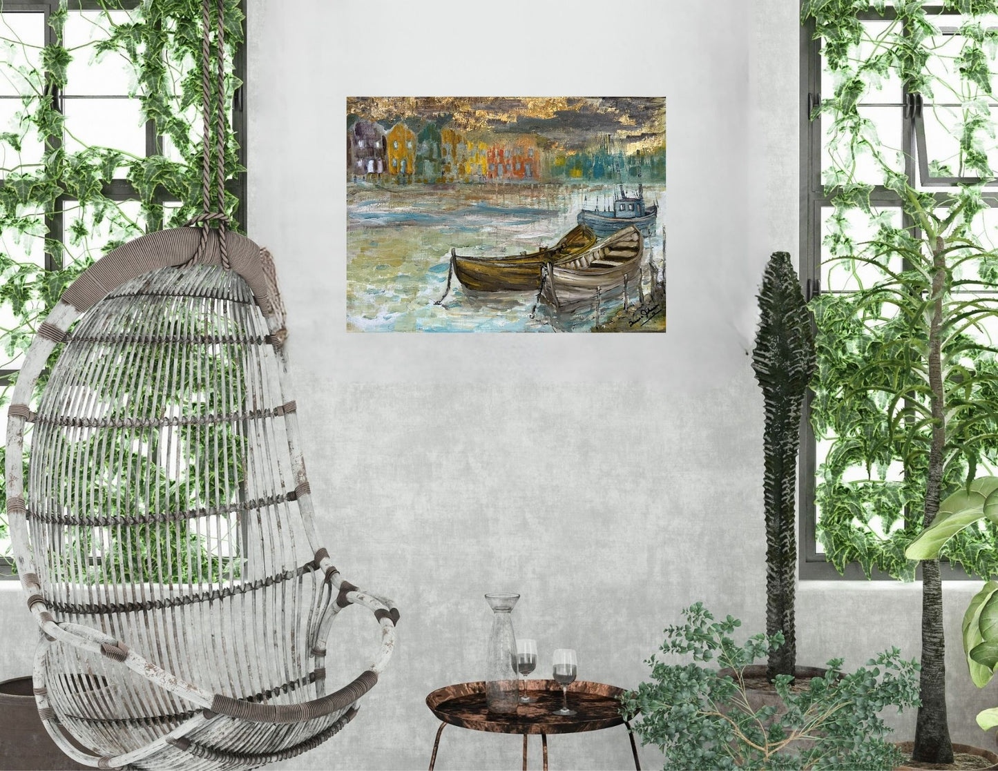 Rainy Harbor Acrylic Fishing boat Impressionist Wall Art | Original Coastal Acrylic Painting| Rainy Harbor (8x10x .5-inch) | Teresa Johnson