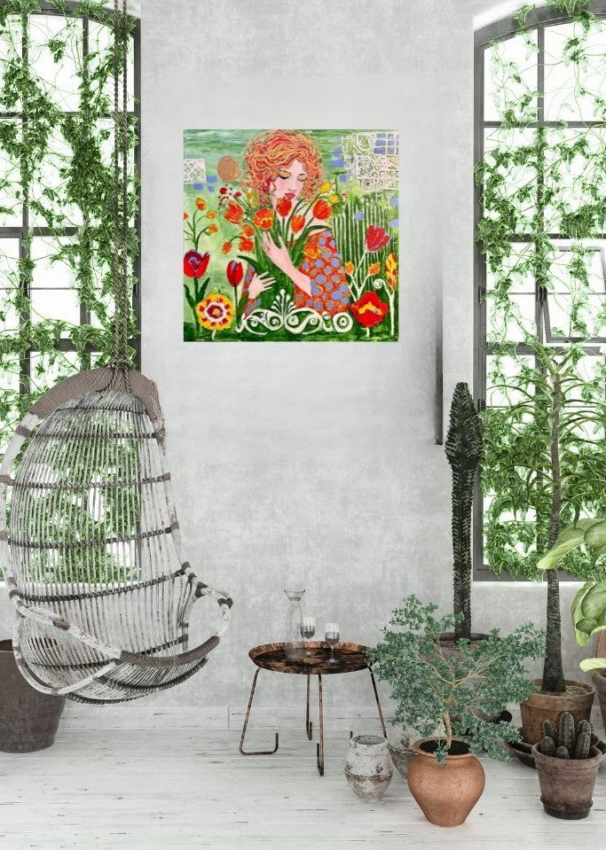 The Queen of Spring: Lady Fioralis 24x24 x 1.5-inch Acrylic textured and varnished painting.