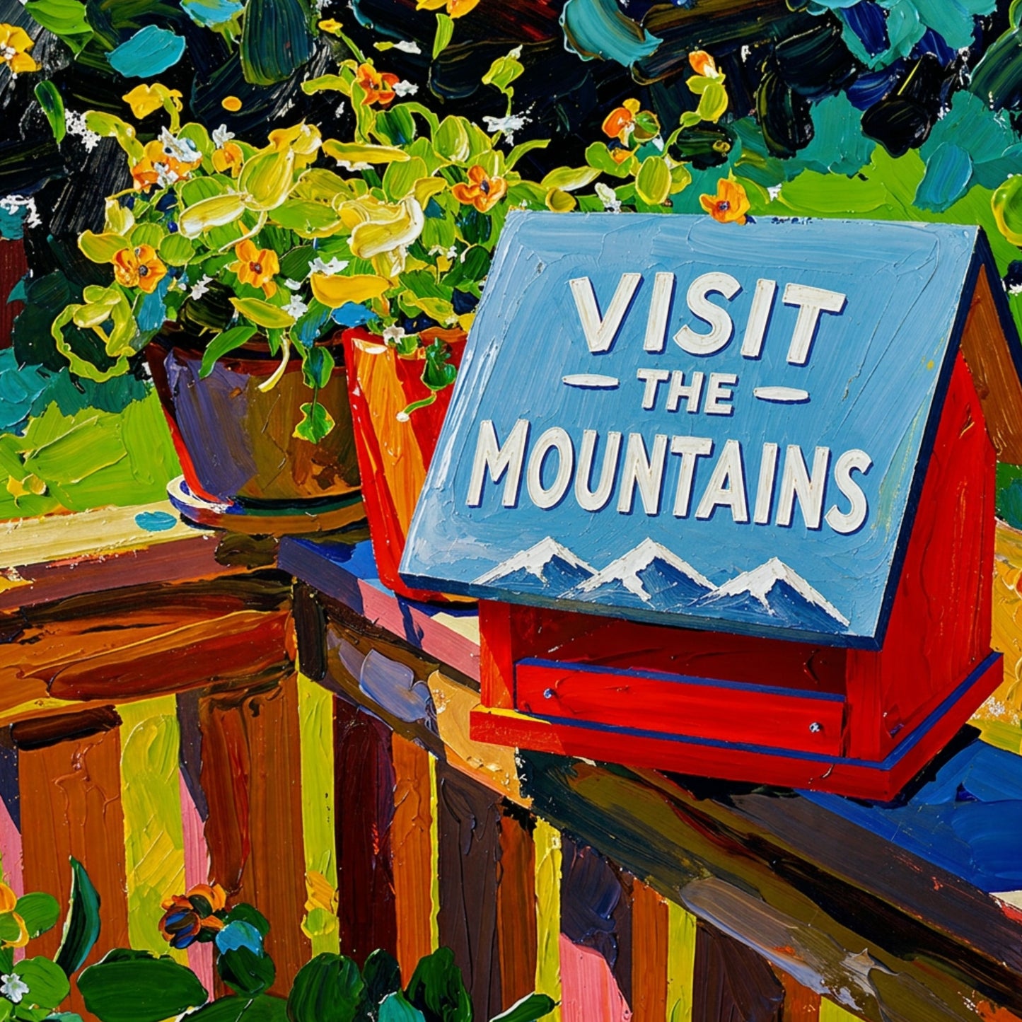 Visit the Mountains Birdhouse | Colorful Mountain Cabin Garden Art | Whimsical Impressionist Birdhouse Painting | Cottage & Cabin Wall Decor