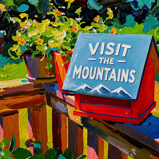 Visit the Mountains Birdhouse | Colorful Mountain Cabin Garden Art | Whimsical Impressionist Birdhouse Painting | Cottage & Cabin Wall Decor