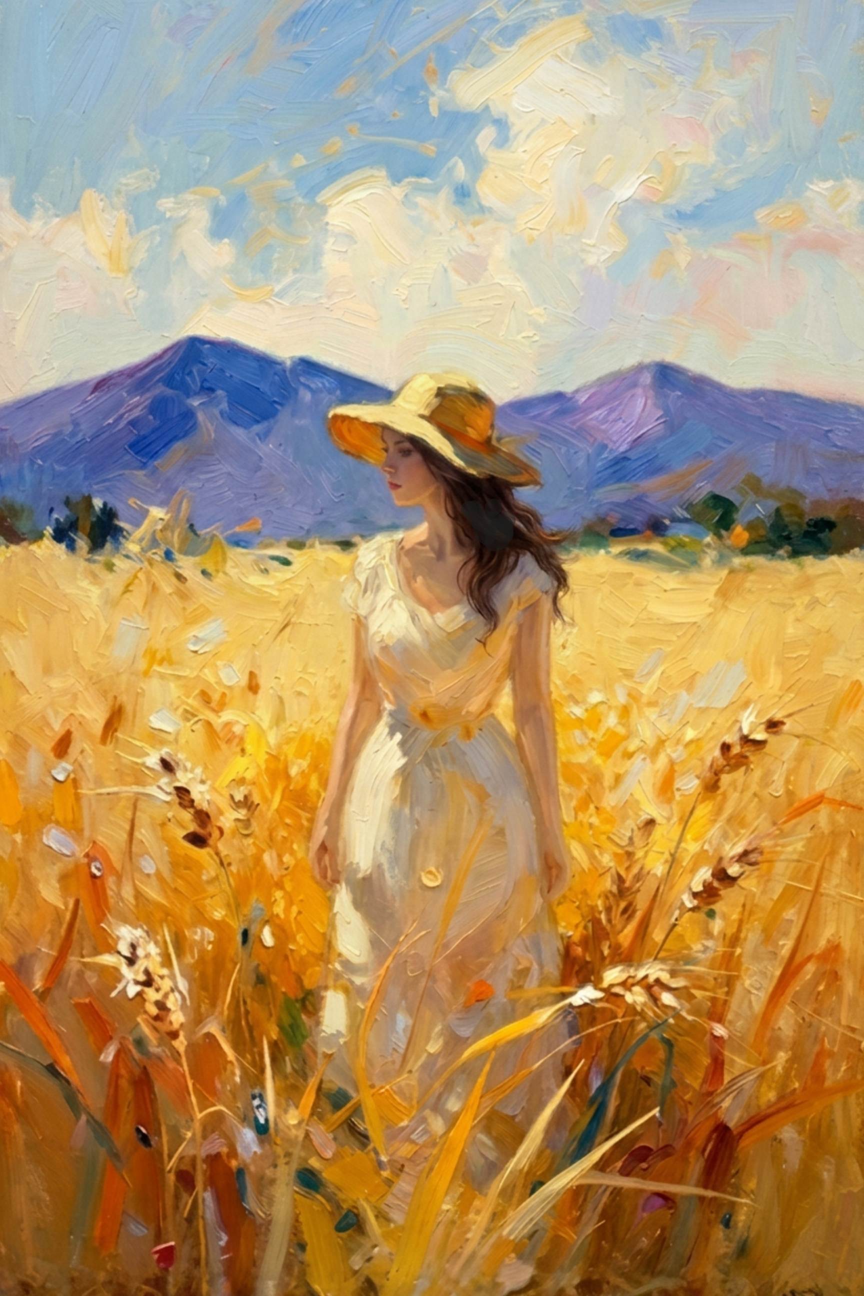 Where Summer Lingers | Wheat Field Prints |Vintage Style Farm Girl| Impressionist Landscape Print | Cottage Farmhouse Wall Art