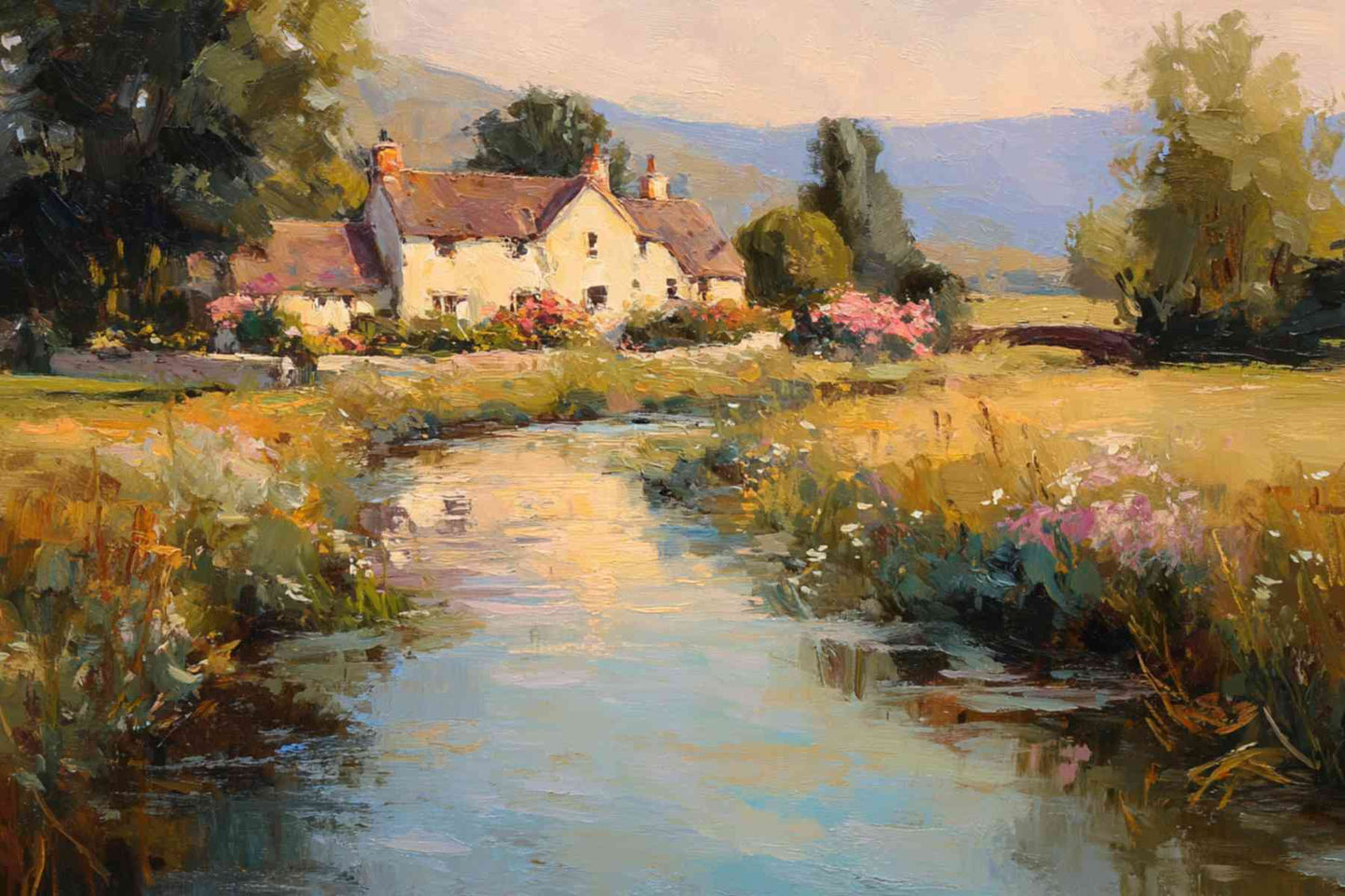 Whispering Brook Cottage | English Cottage Landscape Art Print | Impressionist Countryside Painting | Cottagecore Wall Art | Giclee Paper- Wood- Metal- Canvas
