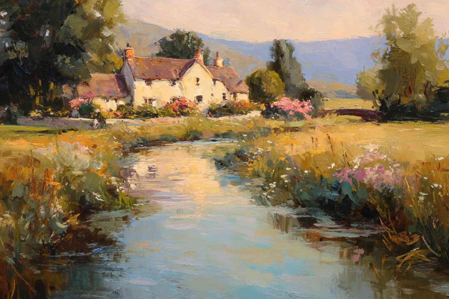 Whispering Brook Cottage | English Print| Cottage Landscape Print| Impressionist Country| Cottagecore Art| Giclee Paper- Wood- Metal- Canvas