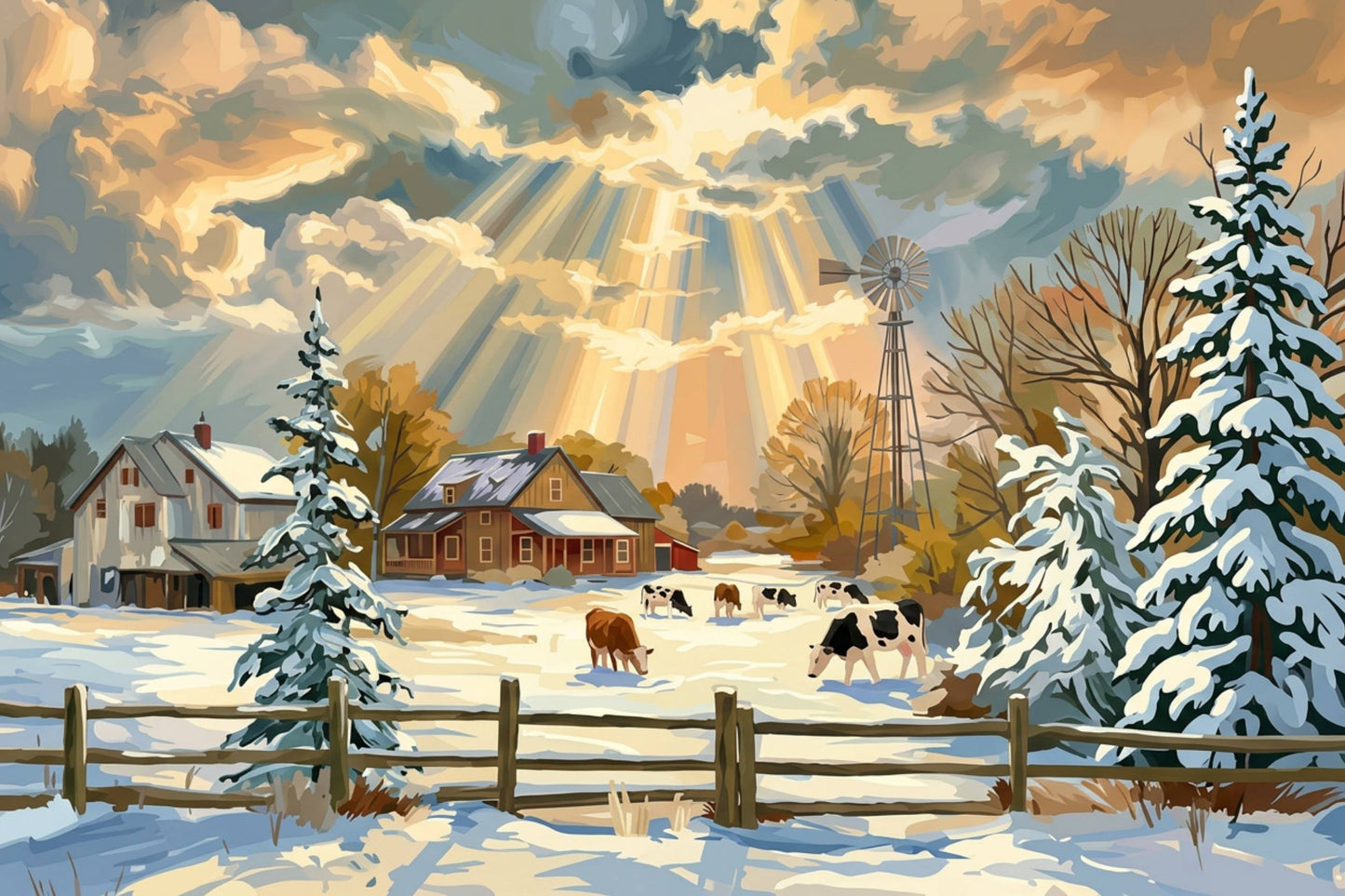 Winter Farm | Snow Covered Ranch | Farmhouse Winter Art | Giclée Paper • Wood • Metal • Canvas