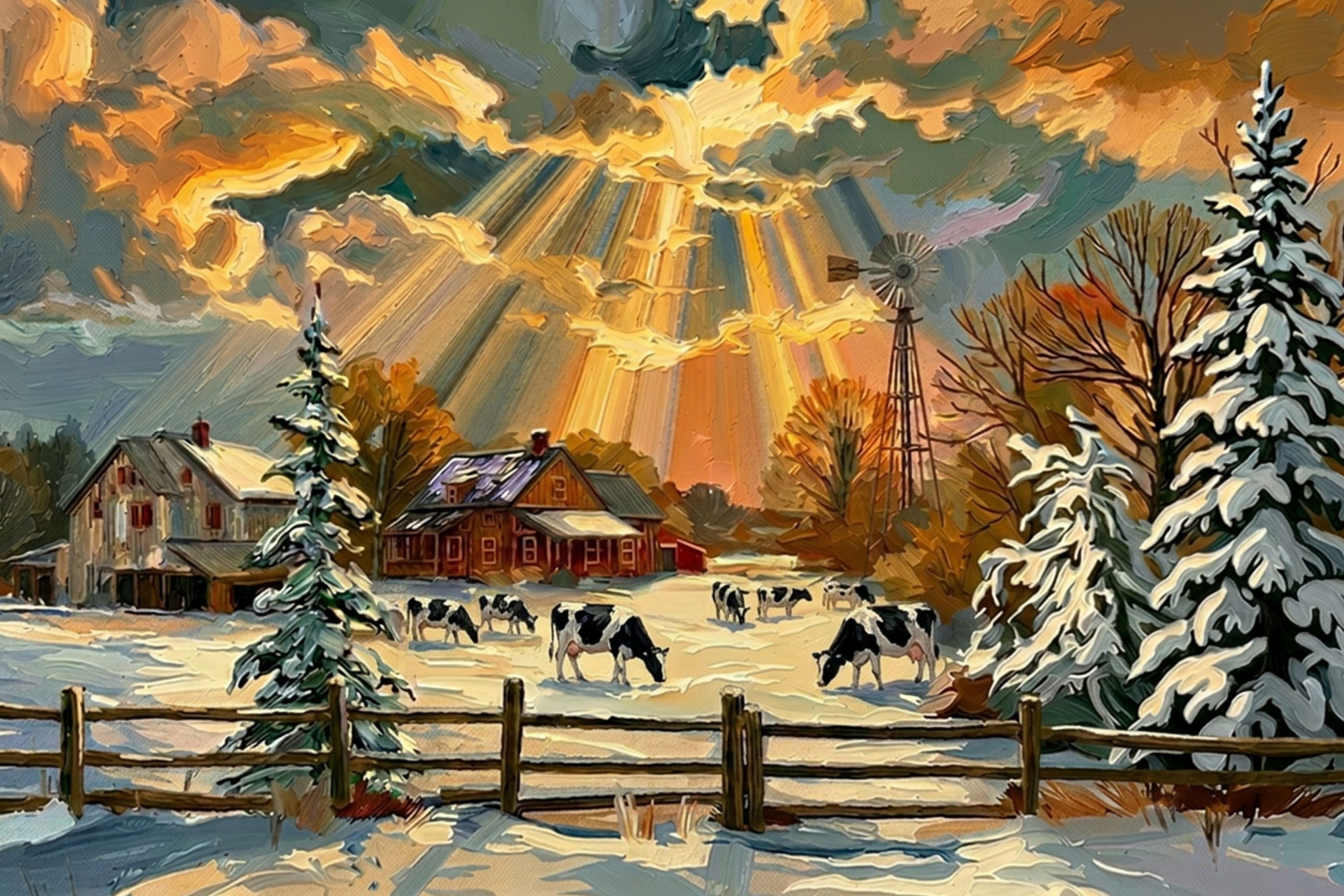 Winter Farm | Farmhouse Print| Snow Covered Ranch | Winter Art | Giclée Paper • Wood • Metal • Canvas