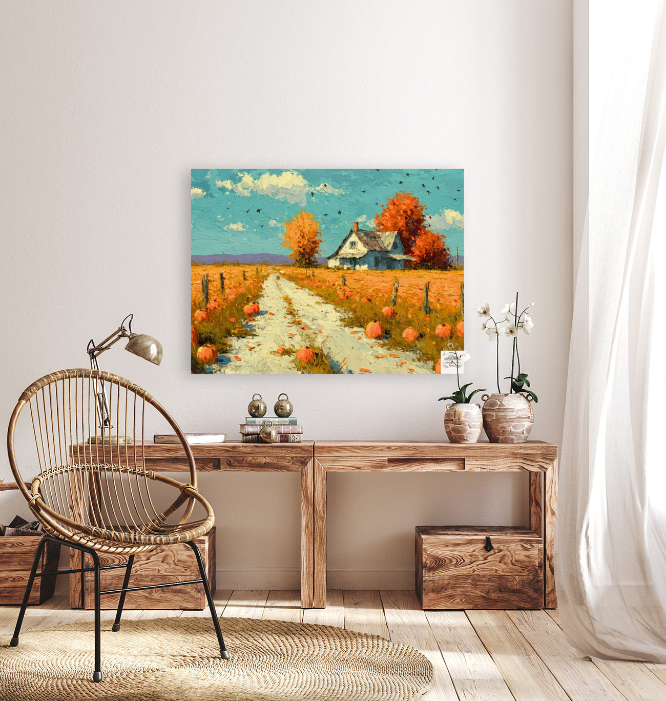 Autumn Farm Road | Fall Farmhouse Landscape Art | Pumpkin Patch Decor | Giclee Paper • Wood • Metal • Canvas