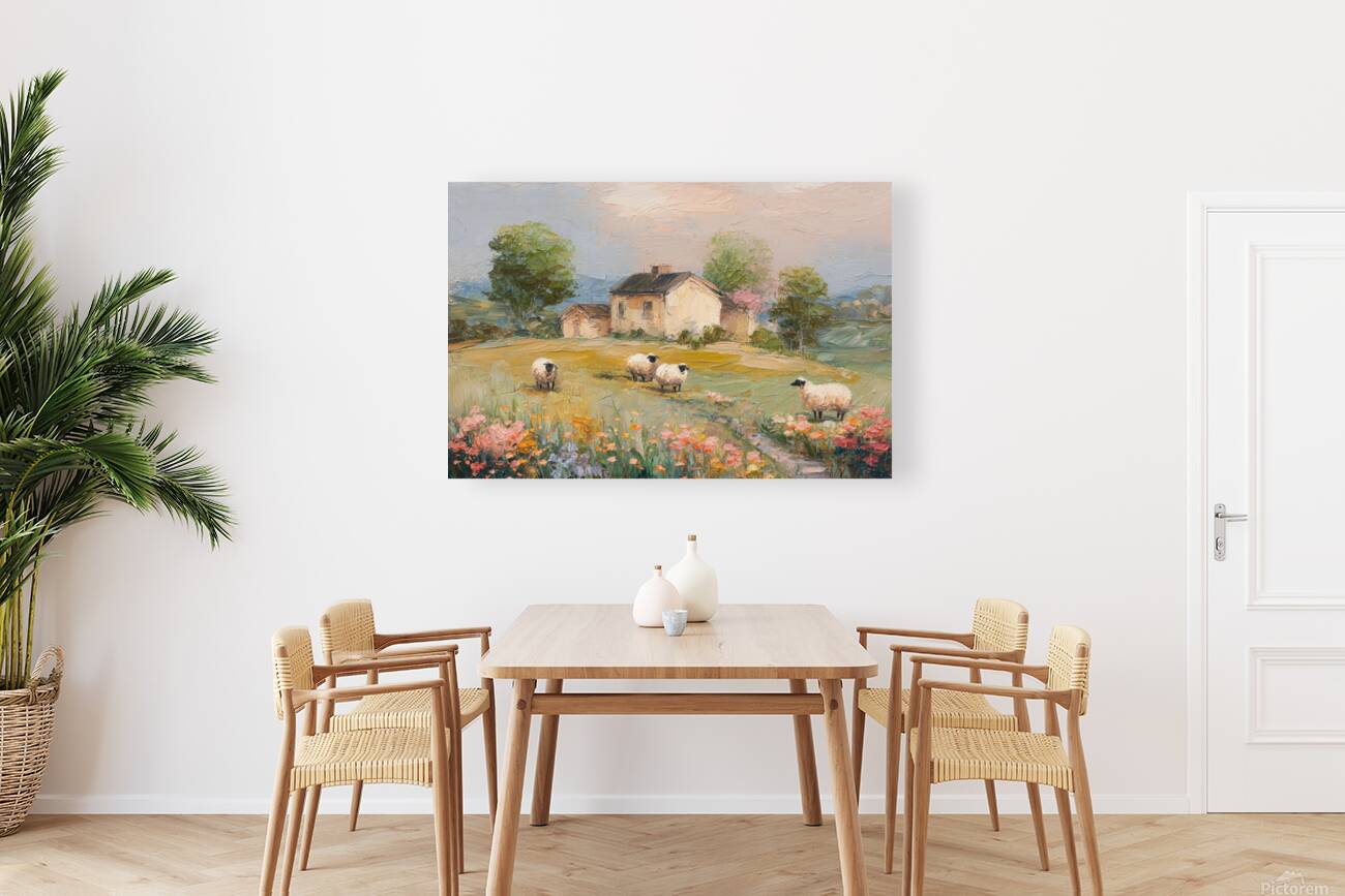 Cotswolds Sheep Farm |Impressionist Print|English Countryside Art| Sheep & Wildflowers Wall Art| Giclée on Canvas, Wood, Metal & Fine Art Paper