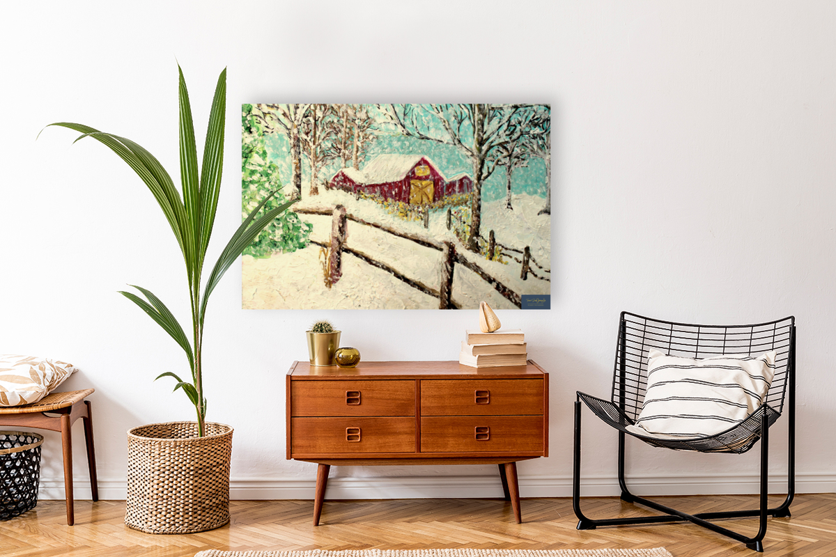Snowy Christmas Morning| Merry Christmas Art| Vintage Look Farm Barn| Giclee Paper- Wood- Metal- Canvas