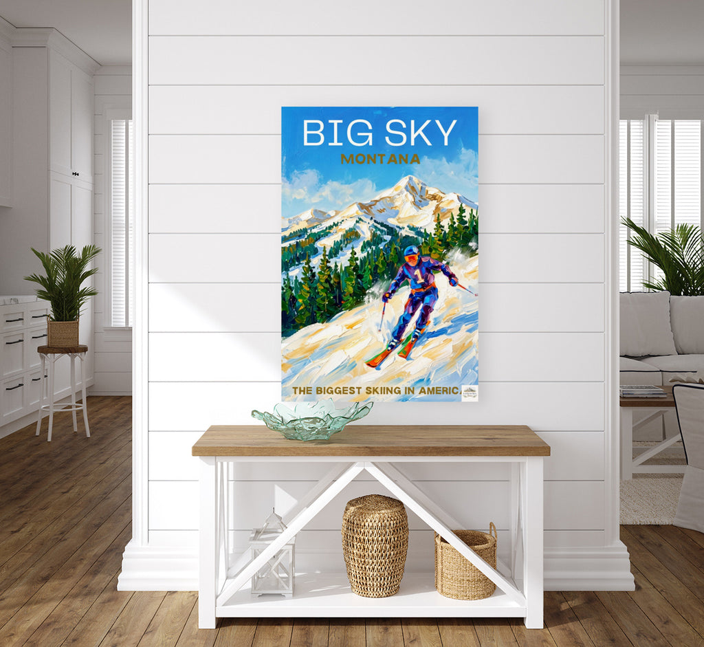 Big Sky Montana | Snow Print| The Biggest Skiing in America Travel Poster | Mountain Ski Resort| Giclée Print on Paper, Canvas, Wood, Metal