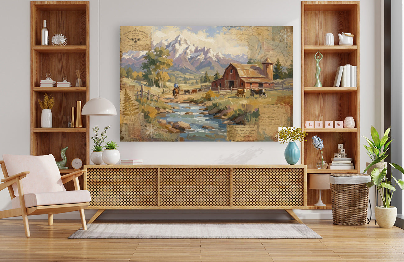 Rancher's Retreat| Rustic Ranch & Mountain Landscape Print | Western Farmhouse Giclée Print on Paper, Canvas, Wood & Metal