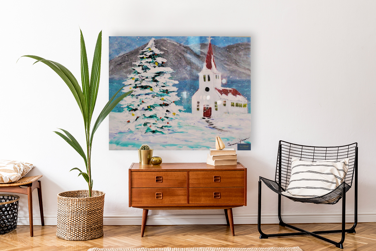 Church In the Rockies| Christmas Tree in Snow art| Giclee Paper- Wood- Metal- Canvas