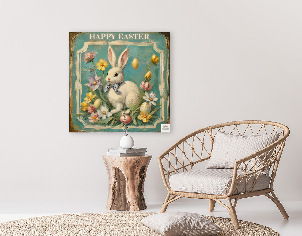 Happy Easter Bunny Art| Vintage Style Midcentury Flower Design| Giclee Paper- Wood- Metal- Canvas
