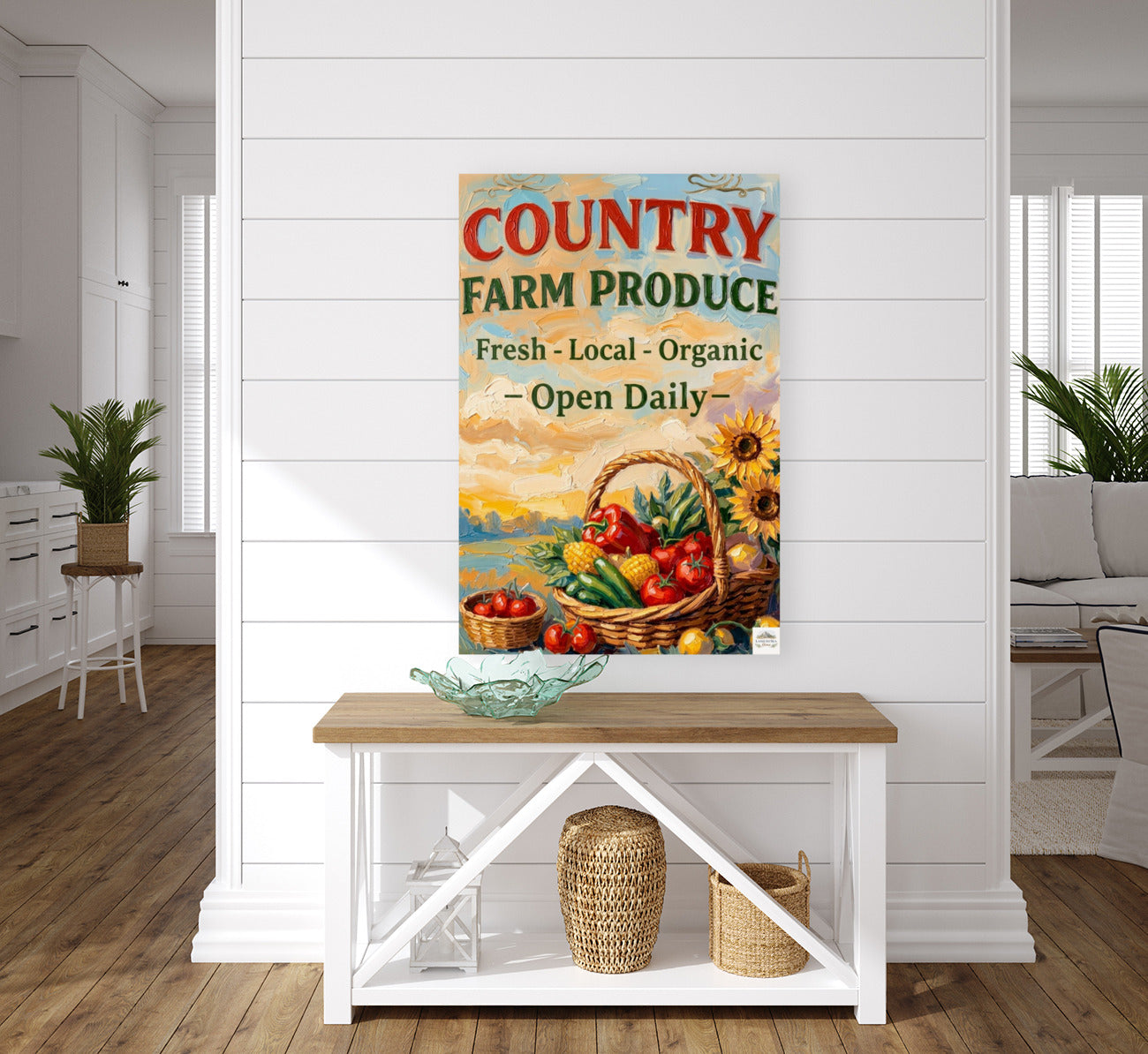 Country Farm Produce Sign | Fresh Local Organic Farm Market Wall Art | Rustic Farmhouse Kitchen Decor | Canvas, Wood, Metal &amp; Giclée Print