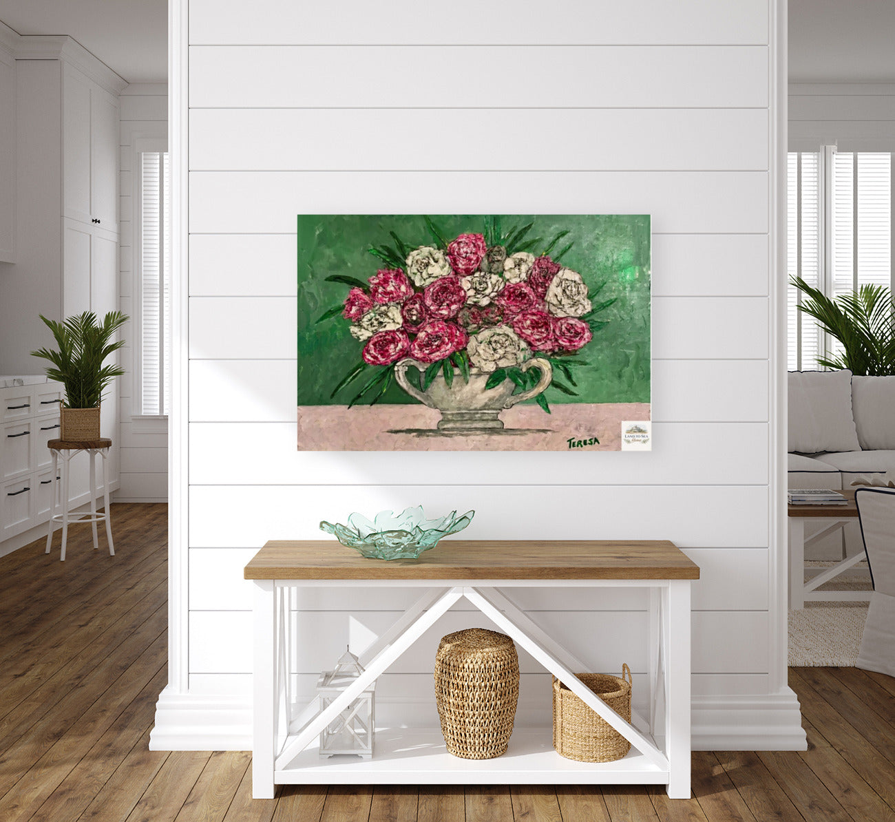 Garden's Best Arrangement | Original Teresa Johnson Floral Painting | Pink & White Roses in Vintage Pitcher | Giclée Paper • Wood • Metal • Canvas