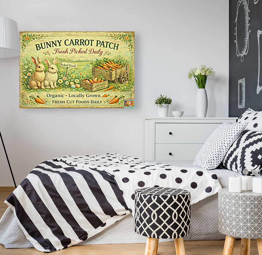Bunny Carrot Patch Art| Giclee Paper,  Prints, Canvas, Wood, or Metal Art