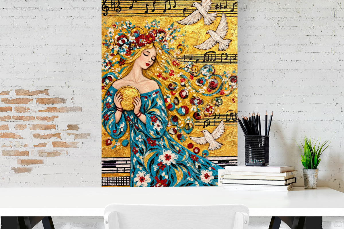 Carol’s Golden Song | Heavenly Inspired Music Art | Woman and Dove Wall Art | Giclée Paper, Canvas, Wood or Metal