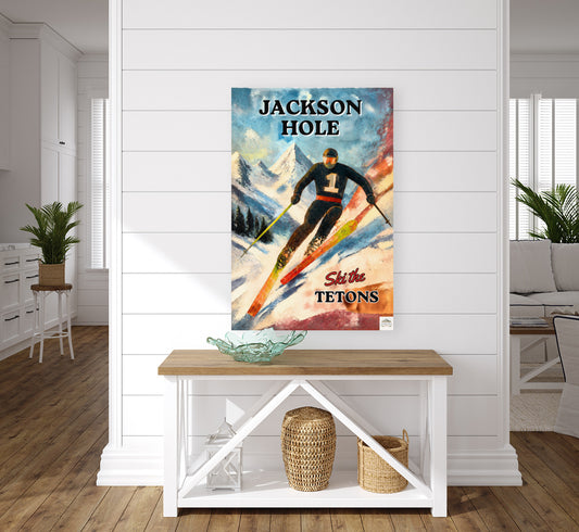 Jackson Hole| Skiing in the Grand Tetons| Wyoming Winter Art. Giclee Paper- Wood- Metal- Canvas