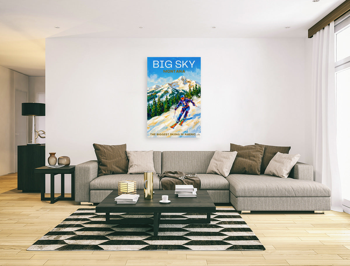 Big Sky Montana | Snow Print| The Biggest Skiing in America Travel Poster | Mountain Ski Resort| Giclée Print on Paper, Canvas, Wood, Metal