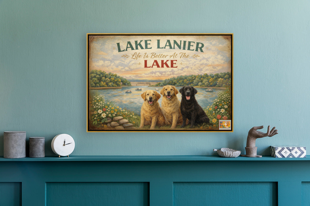 Lake Lanier Sunset with Happy Pups| Buford Dam| Chattahoochee Rivers Art| Giclee Paper- Wood Sign- Metal Sign- Canvas
