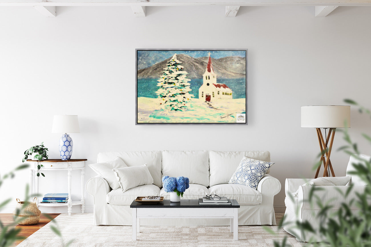 Church In the Rockies| Christmas Tree in Snow art| Giclee Paper- Wood- Metal- Canvas