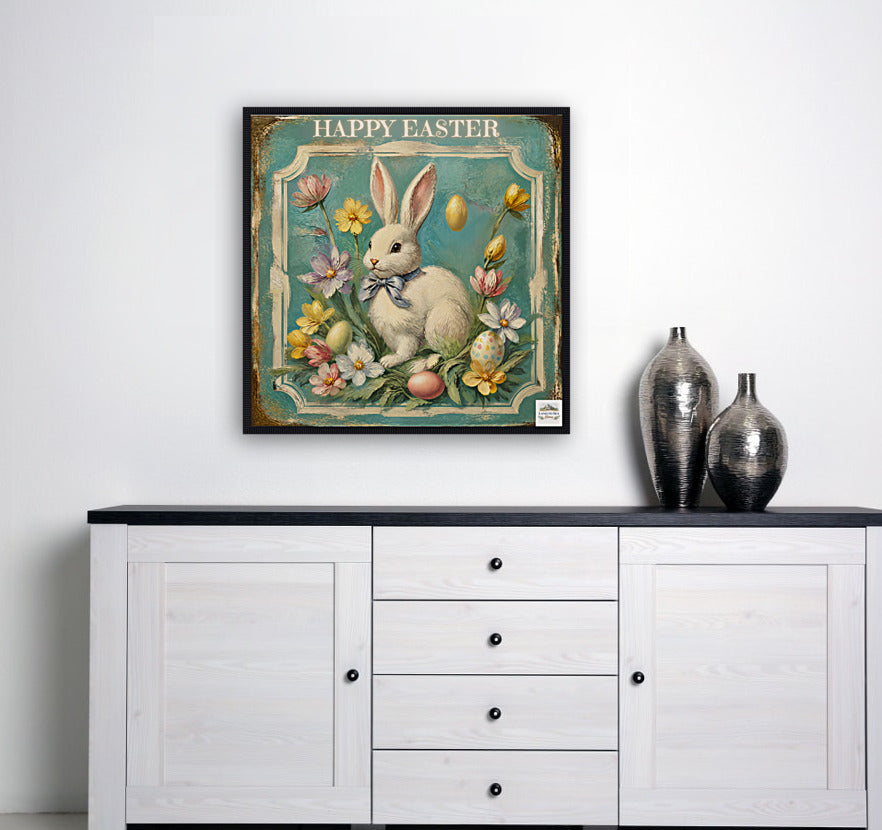 Happy Easter Bunny Art| Vintage Style Midcentury Flower Design| Giclee Paper- Wood- Metal- Canvas