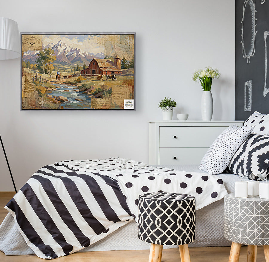 Rancher's Retreat| Rustic Ranch & Mountain Landscape Print | Western Farmhouse Giclée Print on Paper, Canvas, Wood & Metal