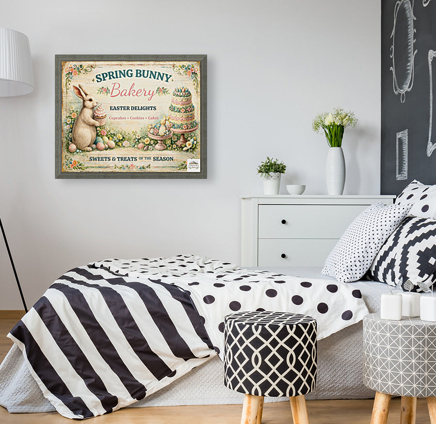 Spring Bunny Bakery Sign With Treats| Prints, Canvas, Wood, or Metal Art