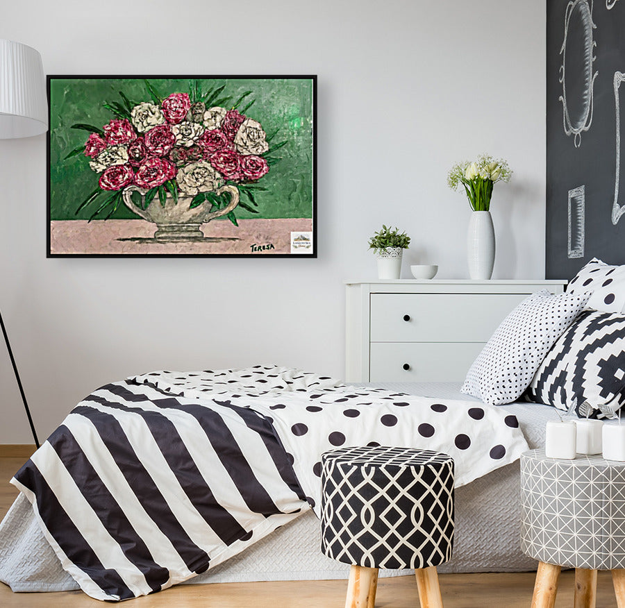 Garden's Best Arrangement | Original Teresa Johnson Floral Painting | Pink & White Roses in Vintage Pitcher | Giclée Paper • Wood • Metal • Canvas