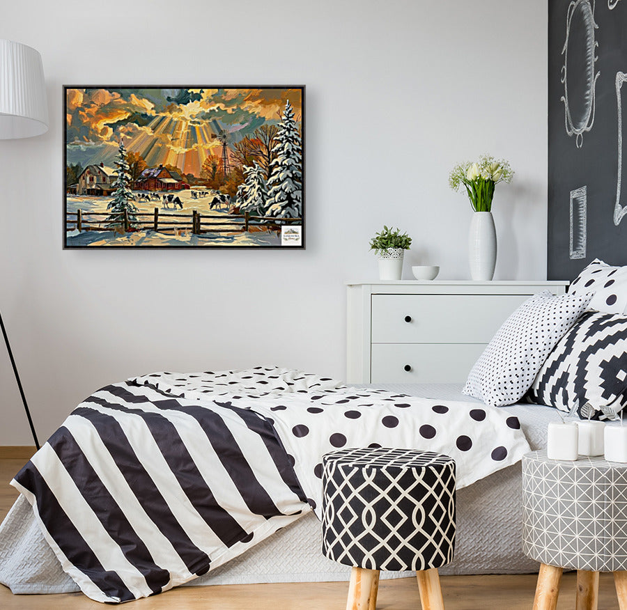Winter Farm | Farmhouse Print| Snow Covered Ranch | Winter Art | Giclée Paper • Wood • Metal • Canvas