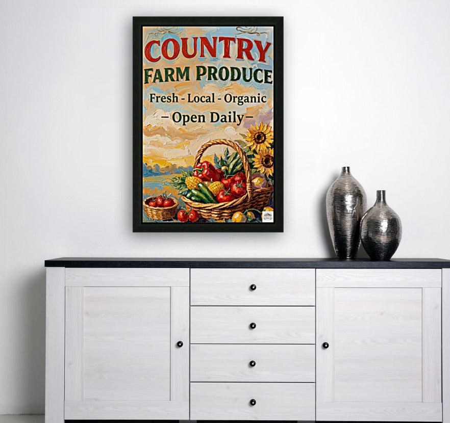 Country Farm Produce Sign | Fresh Local Organic Farm Market Wall Art | Rustic Farmhouse Kitchen Decor | Canvas, Wood, Metal &amp; Giclée Print