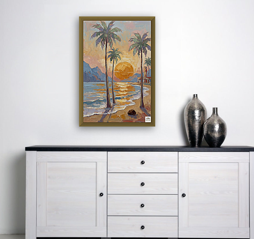 Tropical Sunset View | Impressionist Island Beach Wall Art | Coastal Palm Tree Painting | Giclée Print on Paper, Canvas, Wood & Metal