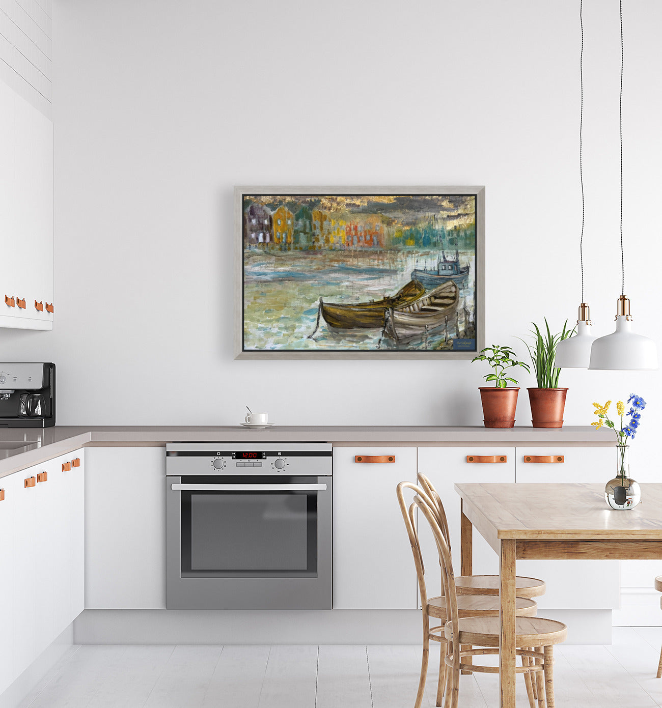 Rainy Harbor | Original Teresa Johnson Coastal Harbor Painting | Fishing Boats & Waterfront Village | Giclée Paper • Wood • Metal • Canvas