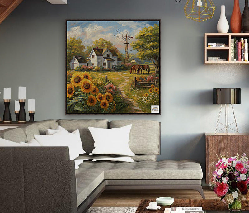 Sunflower Farm | Bee Art Prints| Farmhouse Garden Prints| Giclee Paper- Wood- Metal- Canvas