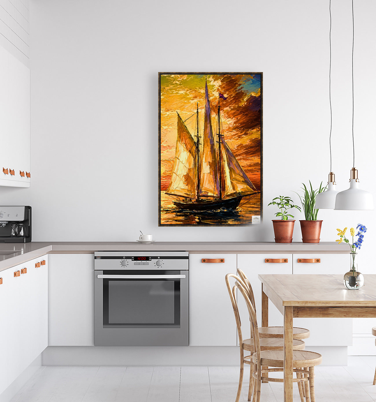 Golden Evening Voyage | Impressionist Sailboat Sunset Wall Art | Coastal Ocean Painting | Giclée Print on Paper, Canvas, Wood & Metal