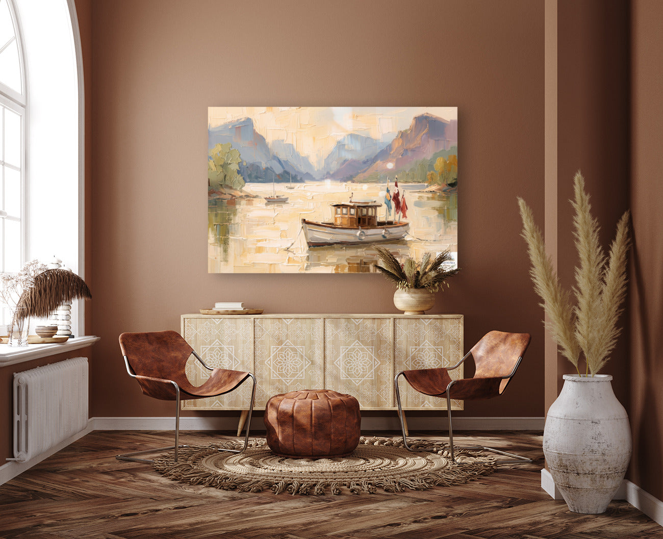 Silent Morning | Mountain Lake Boat Art Print | Impressionist Landscape | Coastal Cabin Decor | Giclée on Paper, Canvas, Wood & Metal