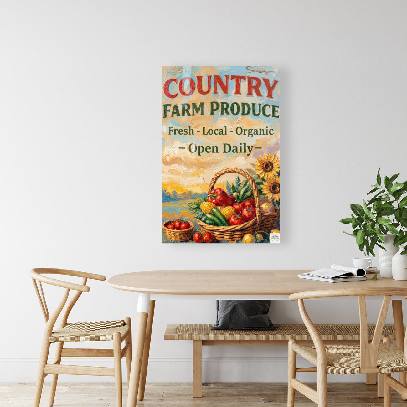 Country Farm Produce Sign | Fresh Local Organic Farm Market Wall Art | Rustic Farmhouse Kitchen Decor | Canvas, Wood, Metal &amp; Giclée Print