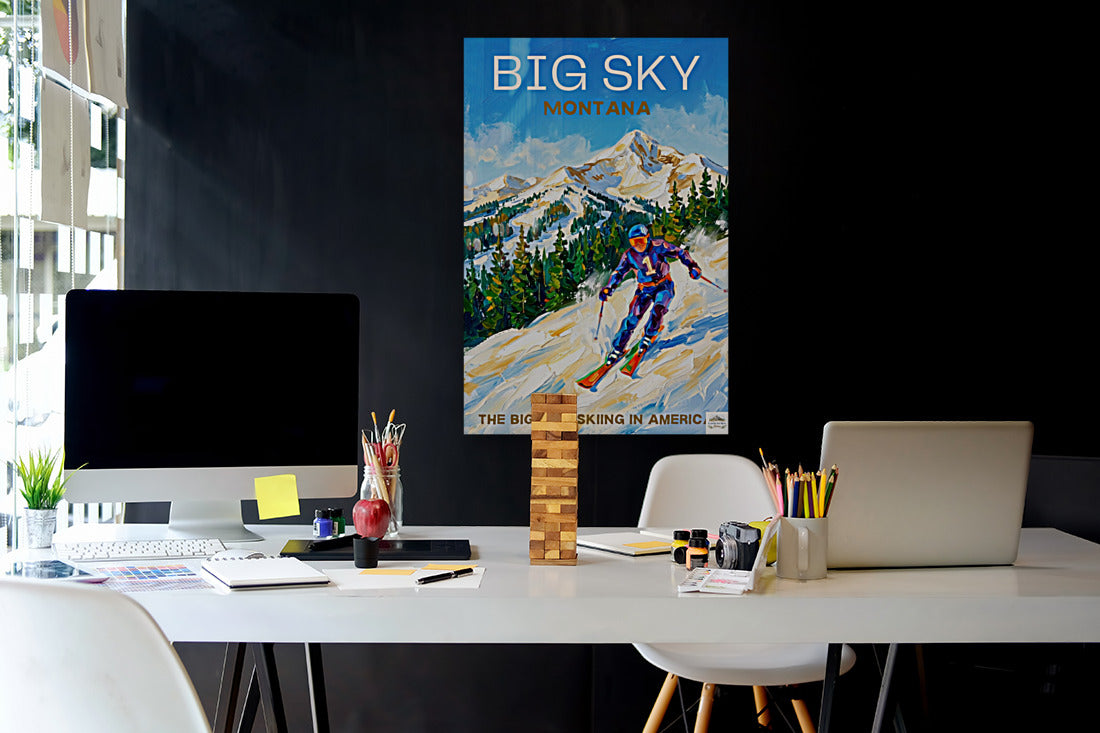 Big Sky Montana | Snow Print| The Biggest Skiing in America Travel Poster | Mountain Ski Resort| Giclée Print on Paper, Canvas, Wood, Metal