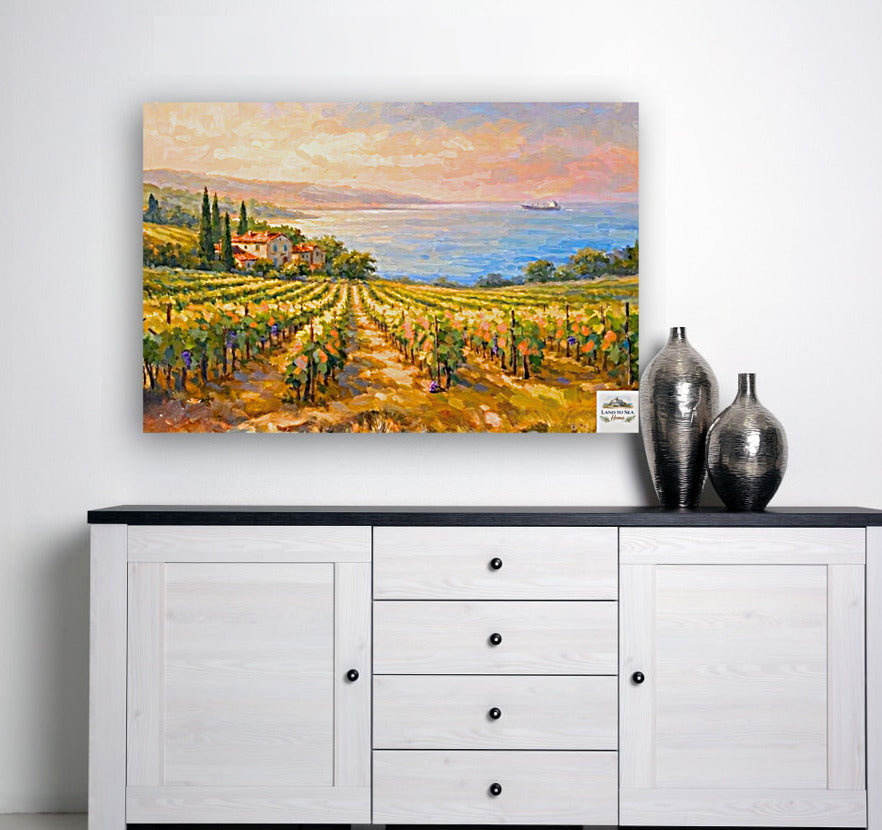 Mediterranean Vineyard by the Sea | Wine Country Art | Giclée Paper • Canvas • Birch Wood • Metal Panels