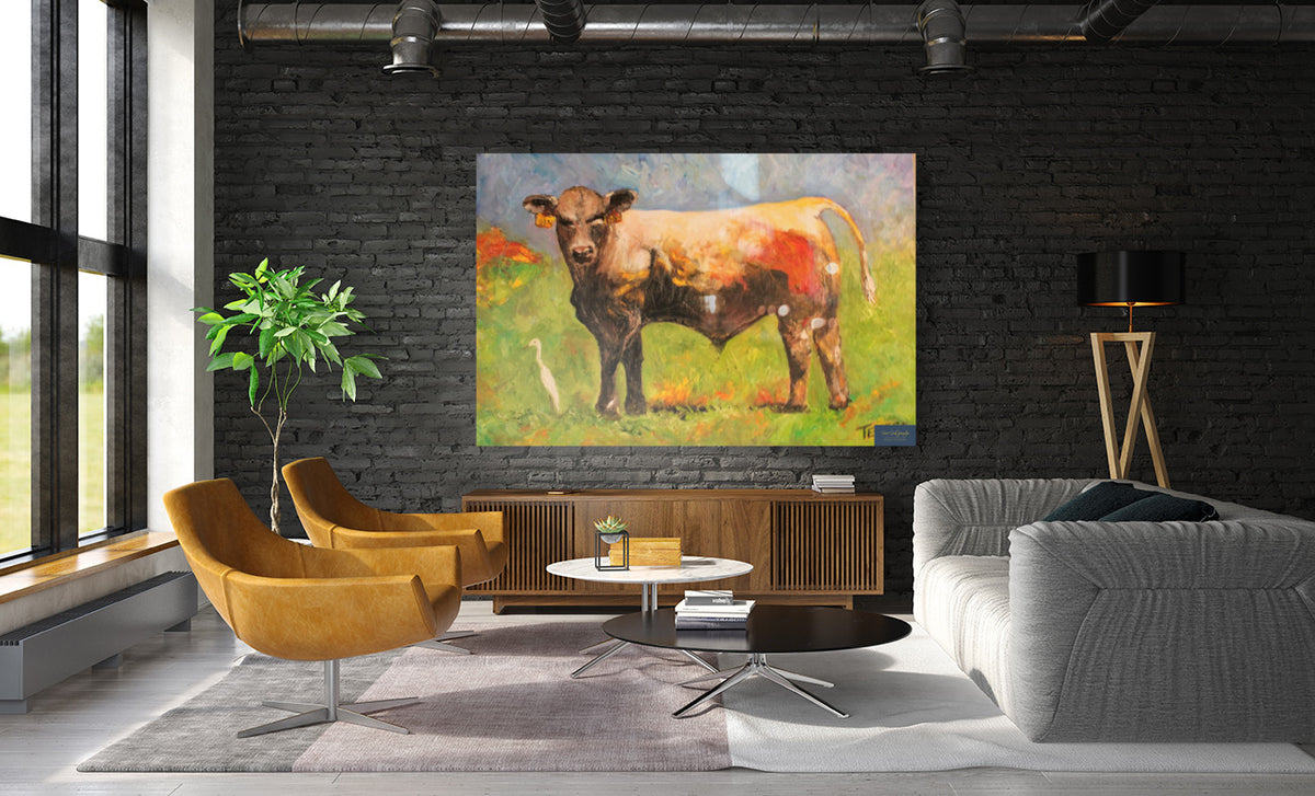 White Egret and the Bull|Cattle Farm| Animal Art| Giclee Paper- Wood- Metal- Canvas