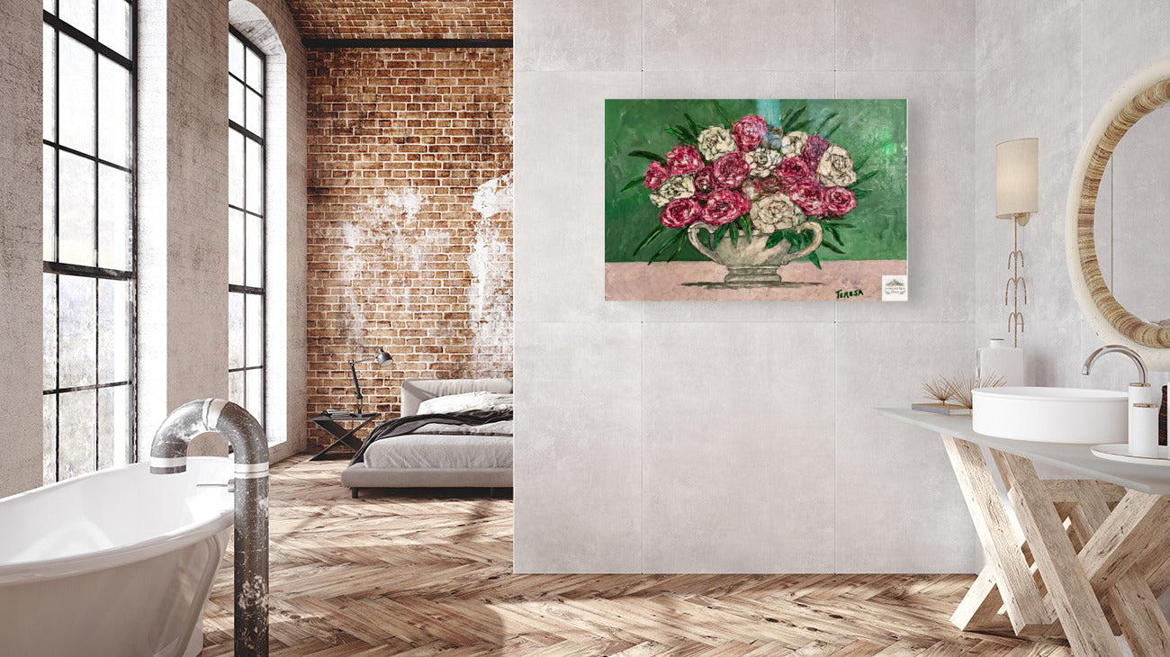 Garden's Best Arrangement | Original Teresa Johnson Floral Painting | Pink & White Roses in Vintage Pitcher | Giclée Paper • Wood • Metal • Canvas