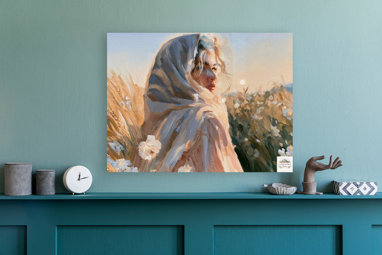Lovely Woman | Vintage Farm Girl Art Print | Golden Wheat Field | Rustic Country Wall Art | Giclee Paper Canvas Wood & Metal