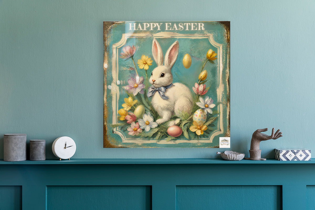 Happy Easter Bunny Art| Vintage Style Midcentury Flower Design| Giclee Paper- Wood- Metal- Canvas