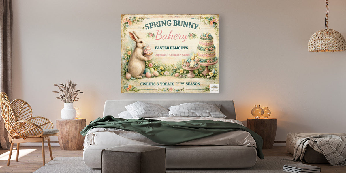 Spring Bunny Bakery Sign With Treats| Prints, Canvas, Wood, or Metal Art