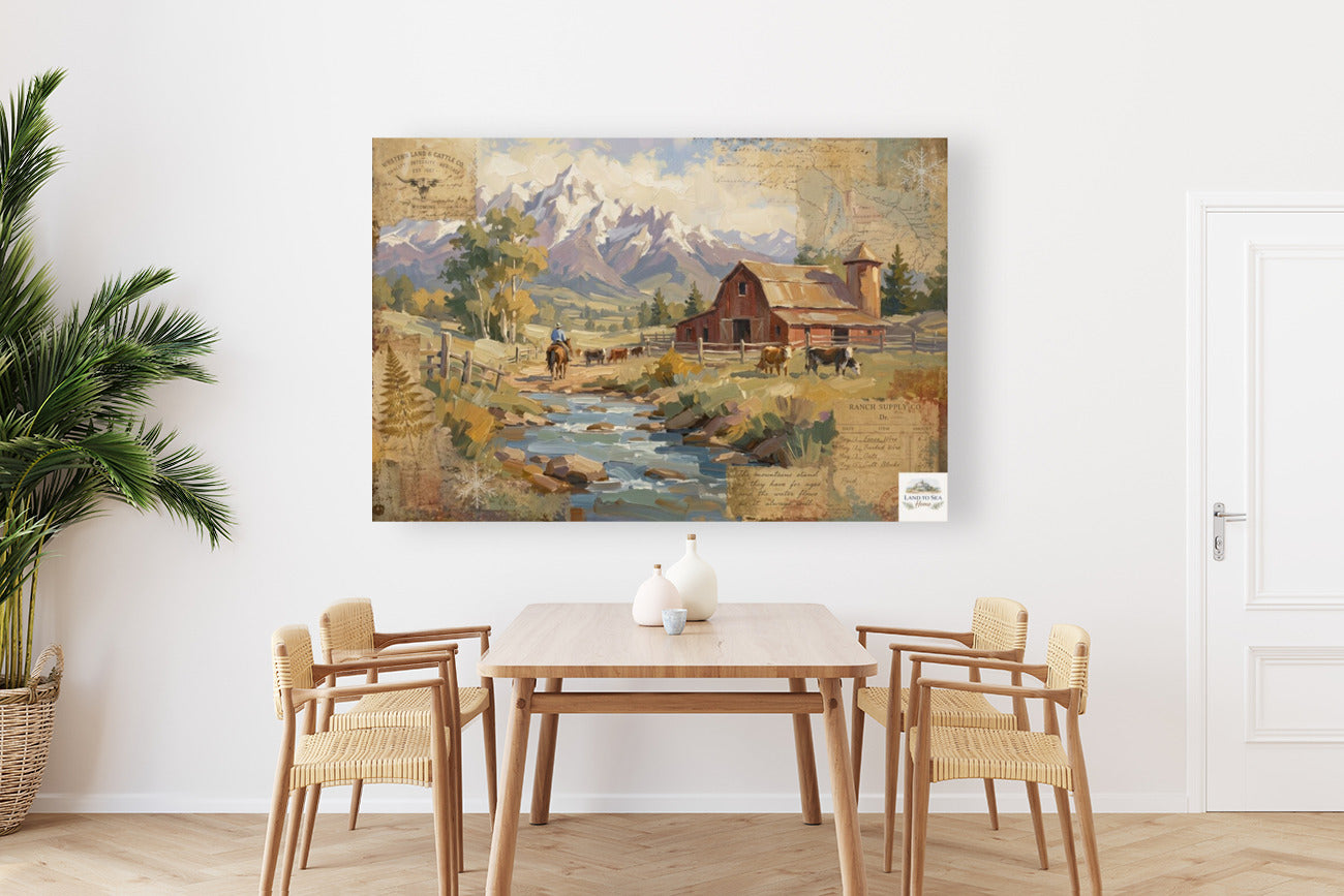 Rancher's Retreat| Rustic Ranch & Mountain Landscape Print | Western Farmhouse Giclée Print on Paper, Canvas, Wood & Metal