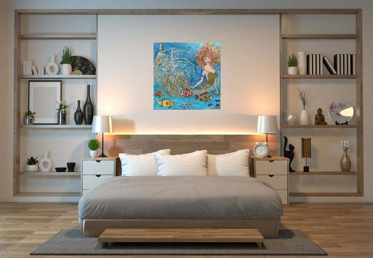 Nautica mermaid art – Original Acrylic Painting| (24x12x 1.5-inch) Textured Impressionist Wall Art | Teresa Johnson
