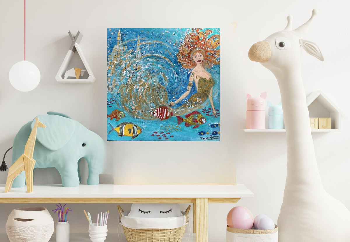 Nautica mermaid art – Original Acrylic Painting| (24x12x 1.5-inch) Textured Impressionist Wall Art | Teresa Johnson
