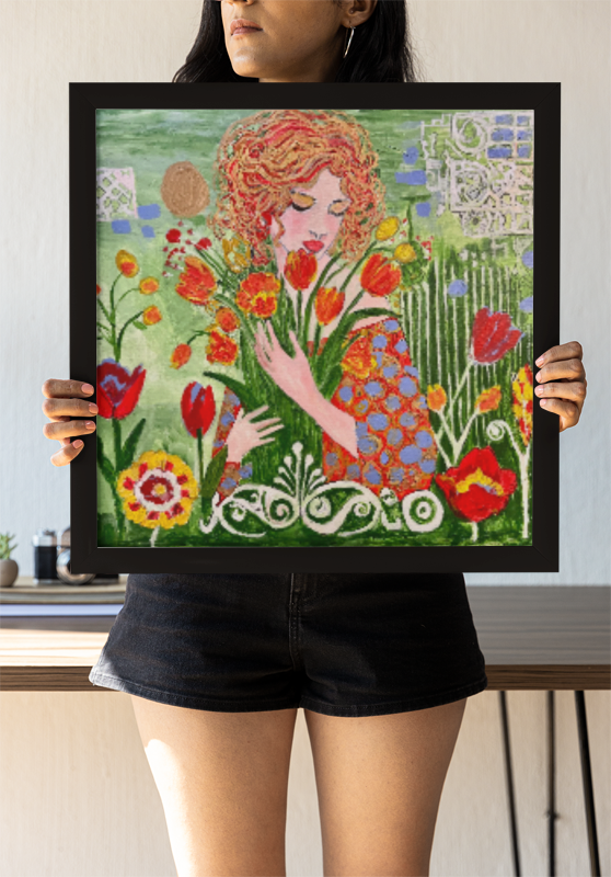 The Queen of Spring: Lady Fioralis 24x24 x 1.5-inch Acrylic textured and varnished painting.